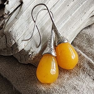 Natural Yellow Jade Stone Small Teardrops  Silver Lightweight Earrings